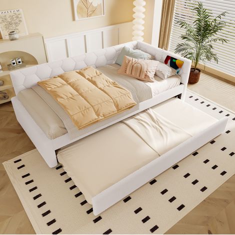 Sofá cama 90x200 cm con cama extraíble, lámpara de noche, puertos USB y Tipo C, en tela bouclé blanca, ideal para dormitorio infantil y espacios pequeños - CHICFURN (1/5)
