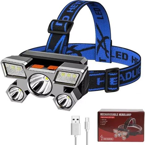 (XY501) Lampe frontale rechargeable puissante à 5 LED pour la pêche, le camping, la chasse et la randonnée. Lampe frontale légère. (1/5)