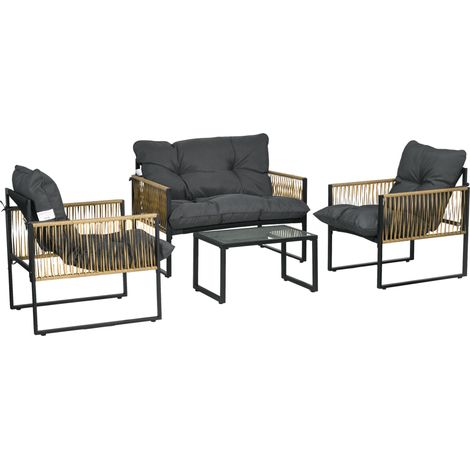 Ensemble salon de jardin 4 pièces canapé 2 places 2 fauteuils et 1 table basse plateau verre trempé 3 coussins - gris