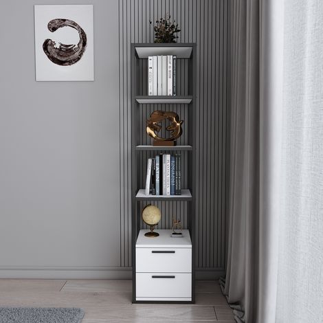 Decorotika Robins 4-Tier Standard Biblothèque Bookshelf Multifunctional Etager With Metal Frame Two Drawers For Living Room Bedroom Kitchen - Noir And Blanc (1/3)