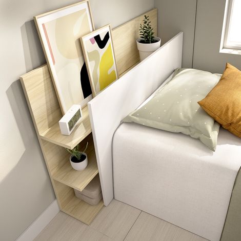 Cabecero Cama Minden, Con Librería, Individual, Color Estructura Marrón, 19x105 cm Blanco