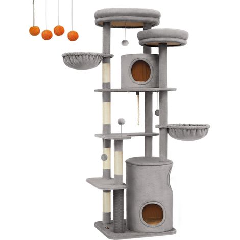 Arbre à Chat 196 cm, Forme de Tour, Poteau Griffoir Intérieur, Multi-Niveaux, 2 Plateformes, 3 Niches, 2 Hamacs, 4 Pompons, Tissu Peluche, Gris Clair (1/5)