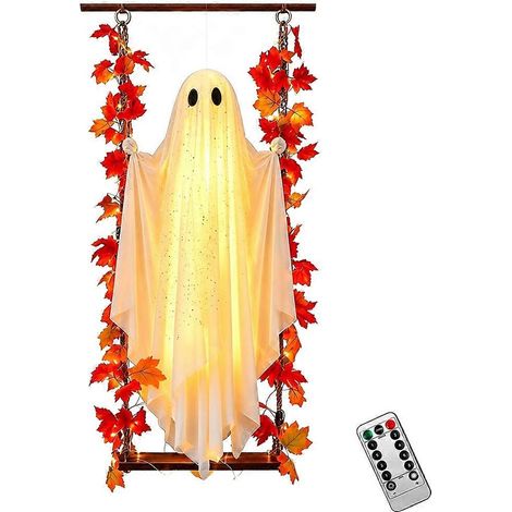 Décorations d'Halloween pour intérieur et extérieur : fantôme suspendu de 1,2 m avec balançoire en forme de feuille d'érable et guirlande lumineuse. (1/5)