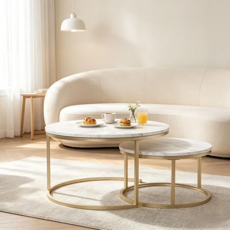 Set di 2 tavolini da caffè a incastro 80x80x45 cm in MDF e metallo bianco FloraGrace (1/5)