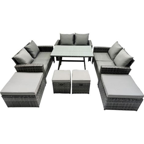 Fimous 10 Seater Wicker PE Rattan Furniture Outdoor Dining Table Double Seat Sofa 4 Stools Set Dark Grey Mixed (1/5)
