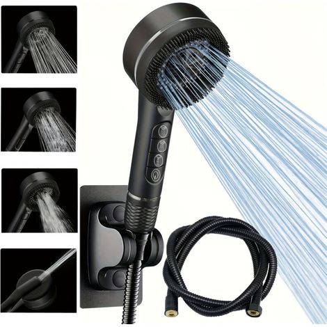 Pommeau de douche à touches de piano + flexible crypté de 1,5 m + support : ensemble de douche à haute pression - noir (1/5)