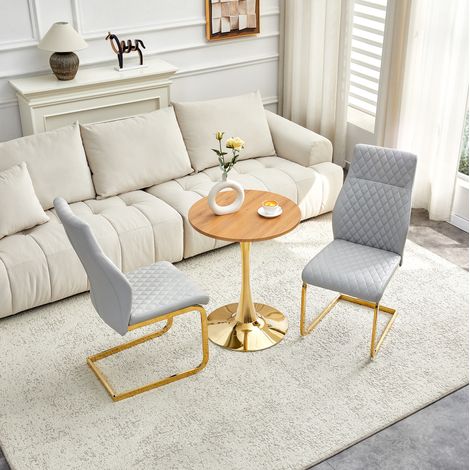 Conjunto mesa redonda 60 cm en MDF efecto madera con 2 sillas gris claro, base dorada (1/5)