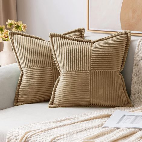 Dekorative Kissenbezüge für Schlafsofa, Wohnzimmer, 40 x 40 cm, 2er-Set, braune Dekokissen im Boho-Stil, seitlich gestreifte Kissenbezüge aus weichem Cord