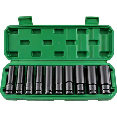 Juego de 10 vasos de impacto métricos de 1/2" – Vasos profundos de acero CrV de 6 puntas (de 10 a 24 mm) con estuche para herramientas neumáticas y eléctricas. (1/5)