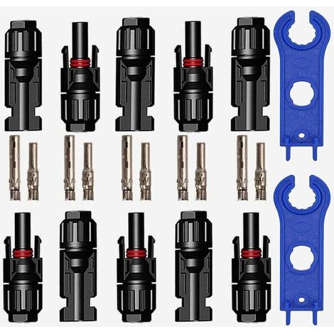 5 Pairs of PV Connectors, Photovoltaic Solar Connectors with Hex Keys, Waterproof Male + Female Solar Electrical Connectors for Solar Panels, Cable Accessories, Black (1/4)