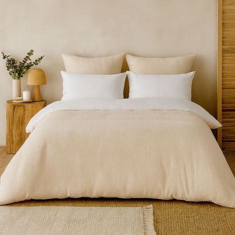 Parure housse de couette 240x220cm + 2 taies 100% gaze de microfibre uni écru - NATHEA (1/4)