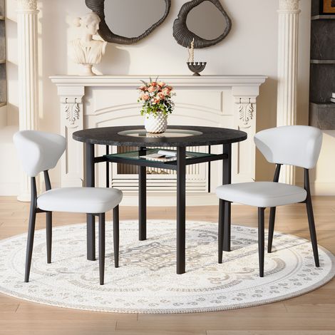 DESMIU Table De Salle À Manger Ronde Avec 2 Chaises, 1 Niche De Rangement Et 2 Sièges, En MDF, Verre Et Métal, Noir Et Blanc, 100 cm (1/5)