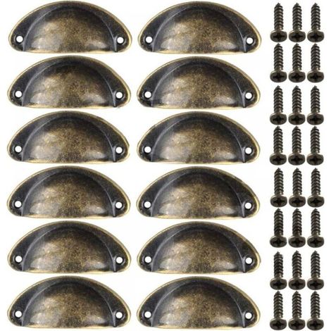 12pcs Poignées de Meuble Vintage Boutons de Tiroir Metal Coquille pour Placards Armoire Commode Cuisine Tiroirs Laiton Antique 8135mm (1/4)