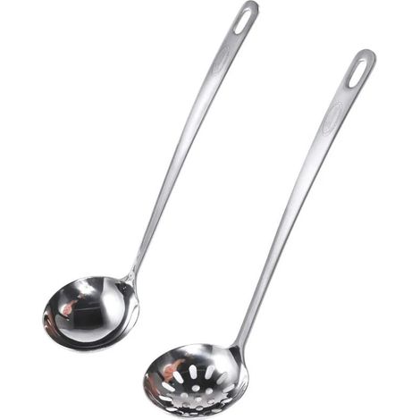 Ensemble cuillère écumoire et louche, louche à soupe/louche à crochet en acier inoxydable 304, manche long épais [non pliable] pour servir et prélever les sauces et le jus, 28 cm (L) x 7,3 cm (D) (1/5)