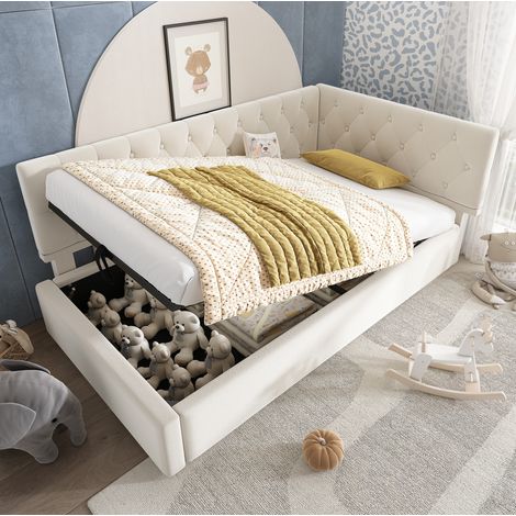 Tagesbett 90/200 cm Beige aus Samt mit hydraulischem Stauraum (1/5)