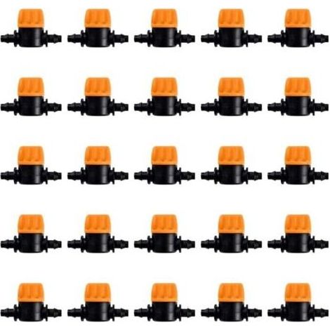 25 Pièces 4/7 Vanne D'irrigation, Mini Valves de Contrôle pour Tuyau d'arrosage 4/7mm, Valves d'arrêt Cannelées 1/4 Pouce Tuyau d'irrigation Goutte à Goutte, Mini Tuyau Vanne d'eau Travers (1/5)