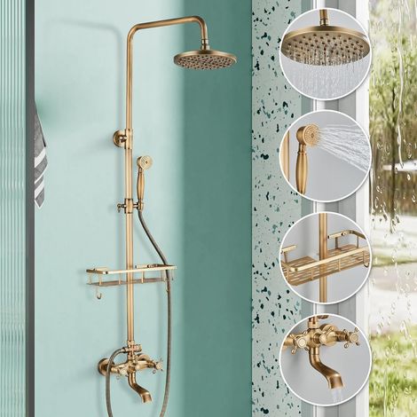 Suguword – Colonne de douche réglable en hauteur – Système en laiton doré – 3 modes de jet – Tête de douche 8 pouces – Tuyau 150 cm