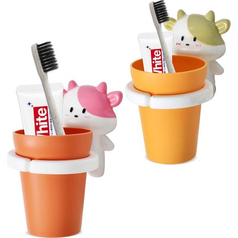 2 Pièces Porte-Brosse À Dent pour Enfants,Porte-Brosse À Dent Mural Motif Animaux De Dessin Animé,Porte-Gobelet À Dents sans Perçage,Porte-Brosse À Dents avec Tasse,pour Enfants (Jaune+Rose) (1/5)