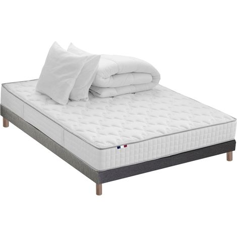 Ensemble matelas latex 5 zones sommier oreiller et couette ORIGINEL confort français 140 x 190 cm Sommier Gris chiné (1/5)