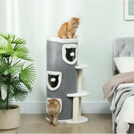 Albero tiragraffi per gatti 101 cm grigio con 3 livelli, 3 cucce, giochi sospesi e sisal HAVRYA (1/4)