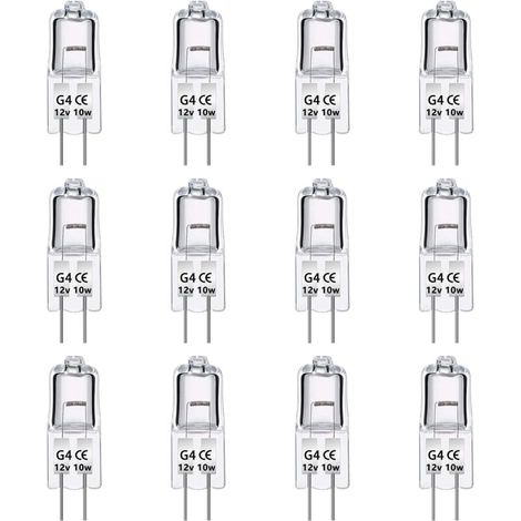 Paquete de 12 bombillas halógenas G4 ZVD de 12 V y 10 W, regulables, blanco cálido 2700 K, 140 LM, de bajo voltaje, cápsula transparente, para lámparas de araña, armarios y plafones. (1/4)