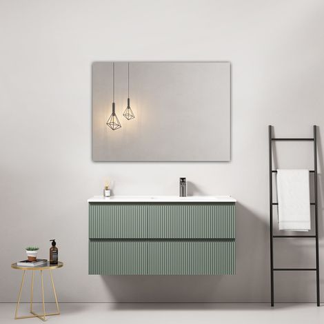 Mobile bagno sospeso cannettato 100 cm Verde Salvia Lavabo a Destra in Ceramica Specchio Quadro - Fiji Paint (1/4)