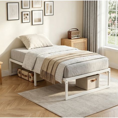 Cama individual 200x90 cm blanca de metal con somier de lamas y almacenamiento (1/5)
