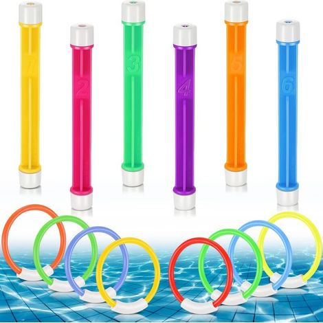 Set mit vierzehn Tauchspielzeugen für Kinderpools im Alter von vier bis acht Jahren: Tauchstäbe und -ringe, Wasserspielzubehör  - Crezuo