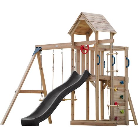 AXI – Aire de jeux en bois avec 2 balançoires – Échelle en corde et mur d'escalade – Toboggan gris – Bac à sable intégré – Pour 6 enfants