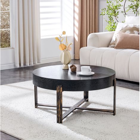 Couchtisch rund 68 cm, niedrige Form, MDF in Schwarz, Metallgestell in Antikbronze HAVRYA (1/5)