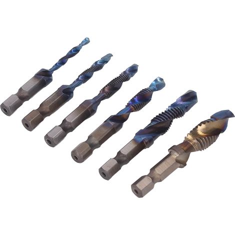 Ensemble de 6 Tarauds HSS à Embout Hexagonal, Tarauds à Filetage Spiralé avec Revêtement Coloré pour Métaux (1/5)