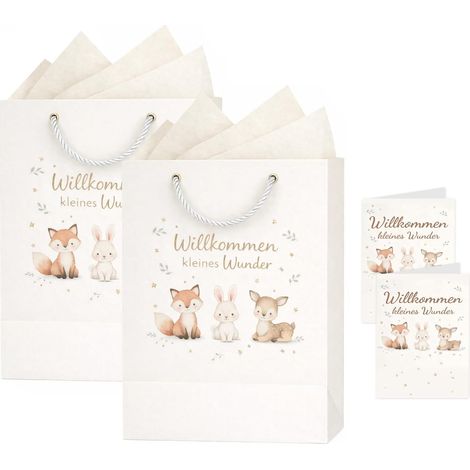 Sac Cadeau Naissance Bébé – 2 Sacs Cadeaux avec 2 Papiers de Soie et 2 Cartes, Cadeau Bébé Fille Garçon, Motif Renard Lapin Faon (1/5)