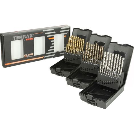 TERRAX  by  RUKO  3in1  Box  -  Juegos  de  brocas  helicoidales  DIN  338  Tipo  N,  HSS  +  HSS-TiN  +  HSSE-Co  5  de  19  piezas  cada  uno  (Caja  de  plástico)  -  A131011