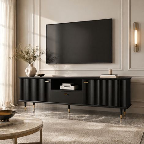 Mueble TV (170x36x54 cm), con cableado, 2 puertas, estante abierto y cajón, MDF, negro (1/5)
