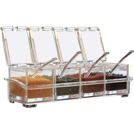 Set di 4 contenitori trasparenti in plastica PS per condimenti, con cucchiaio, ideali per cucinare, per uso domestico, per sale e zucchero. (1/5)