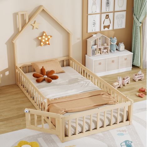 Kinderbett 90 x 200 cm in Kaminform, mit Lattenrost, Kiefer und MDF, natur HAVRYA (1/5)