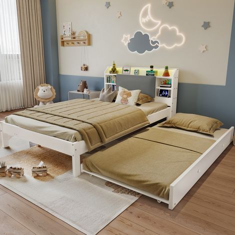 Lit en bois 120x200 cm avec lit gigogne 90x190 cm, tête de lit rembourrée, blanc, OKWISH (1/5)