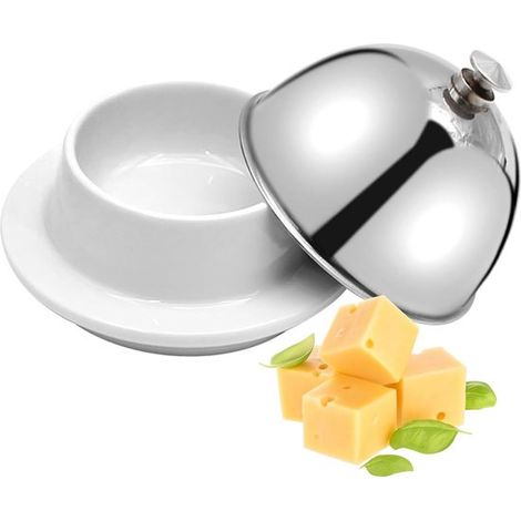 Beurrier en céramique blanche - Petit beurrier avec couvercle - Couvercle bombé en acier inoxydable - Poignée argentée - 1 pièce - Idéal pour le plan de travail et les desserts (1/5)