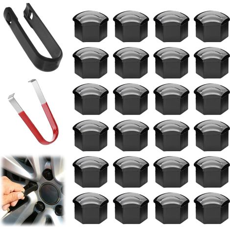 Cache Ecrou 17mm, Cache Boulon 17mm, Cache Ecrou, Cache Boulon, Universel Hexagonal Pneu écrou Couvre, écrous de Roue de Voiture, avec Ensemble d'outils de démontage pour Voitures (Noir) (1/5)