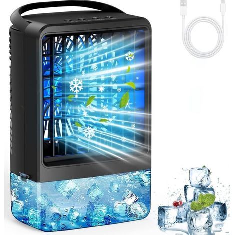 Petit climatiseur portable USB, ventilateur à glace, souffleur d'air froid, 2 ports de brumisation, 3 vitesses de vent et 7 lumières LED colorées, brume fraîche et minuterie, refroidisseur d'air par é (1/5)