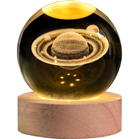 Veilleuse boule de cristal Saturne 3D - Lampe LED standard en forme de planète - Boule en verre décorative - Boule de 60 mm + base ronde de 50 mm - Idéale comme cadeau ou décoration pour femmes et enf (1/5)