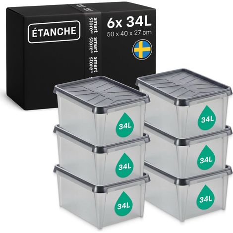 Boites de Rangement en Plastique Garage avec Couvercles - Lot de 6 - Transparentes - Étanches, Emboîtables et Empilables - Aptes au Contact Alimentaire - L 50 x l 40 x H 27 cm - 34L (1/5)