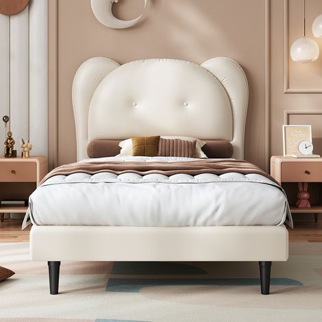 Lit simple pour enfant 90 x 200 cm, tête de lit en forme d'animal mignon, PU, beige (1/5)