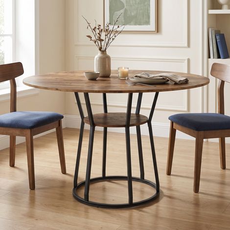 Table à manger ronde 120 cm, étagère de rangement, pour 4-6 personnes, bois, style industriel vintage, Marron (1/5)