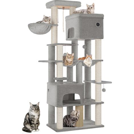 Arbre à Chat, XL, Grand Tour à Chat de 185 cm de Haut, avec 10 Griffoirs, 2 Plateformes Géantes, 2 Niches, 2 Hamacs, Pompons, Panier, pour Maine Coon, Gris Clair