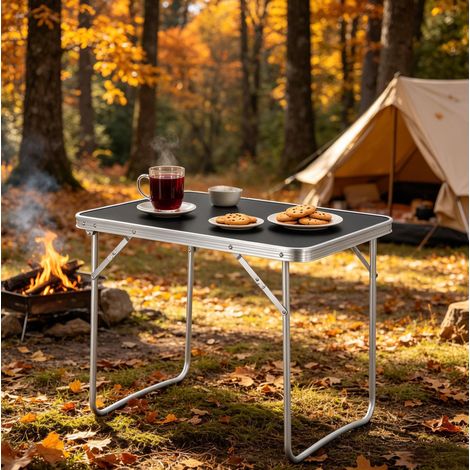 Mesa plegable de camping 70x50x60 cm negra en aluminio, hierro y MDF con asa portátil (1/5)