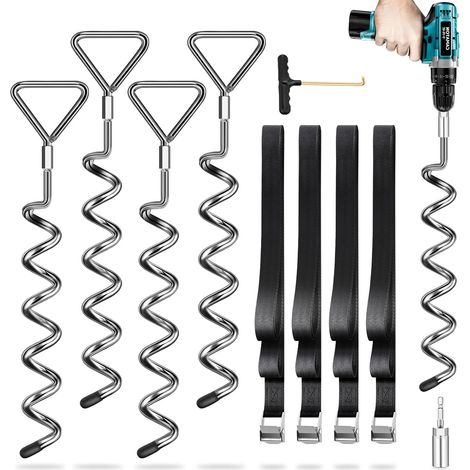 Lot de 4 piquets d'ancrage au Sol pour Trampoline 4 Sangles (Longueur 2,5 m) – Les piquets résistent au Vent élevé, idéal pour Trampoline en Plein air (1/5)