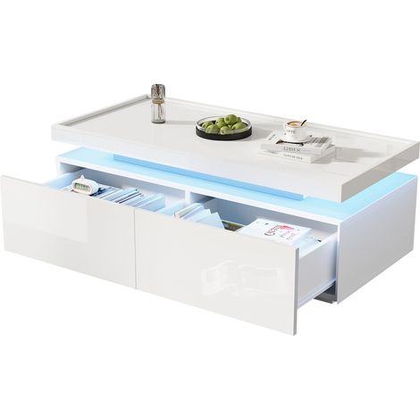 Table basse 95x45x35 cm blanche brillante avec LED, 2 tiroirs, design géométrique minimaliste