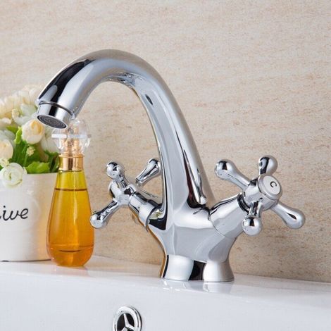 Robinet mitigeur monobloc traditionnel victorien, vintage, placage, double poignée croisée (1/4)