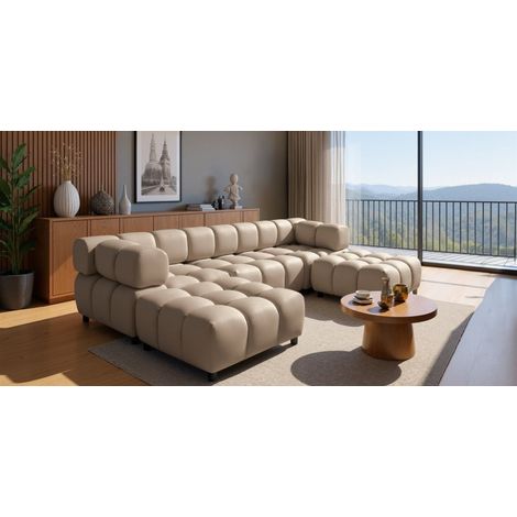 Sofa Designersofa FLOW 3-Sitzer inkl. 2 x Polsterhocker Stoff Bluvel Latte